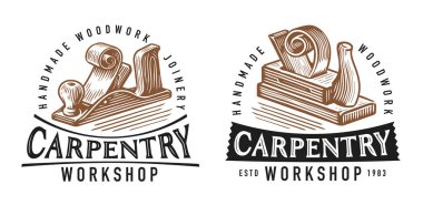 Carpentry work, repair emblem. Badge set for wood workshop or joiner craft studio. Carpenter tool planer symbol vector