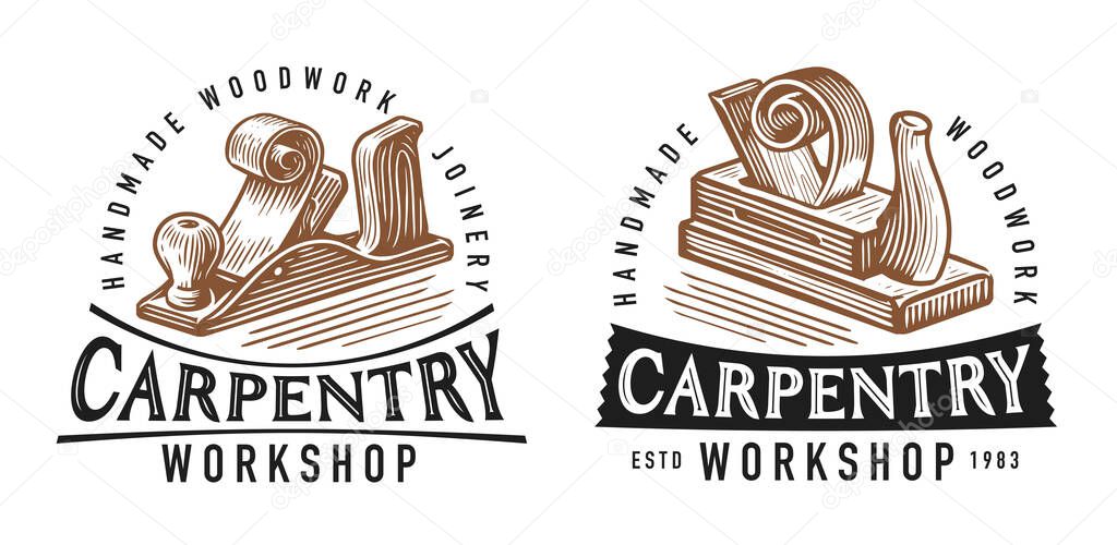 Carpentry work, repair emblem. Badge set for wood workshop or joiner craft studio. Carpenter tool planer symbol vector