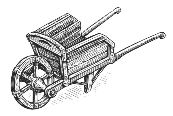 Garden Wooden Cart Sketch Old Empty Farm Wheelbarrow Agriculture Gardening — Stock vektor