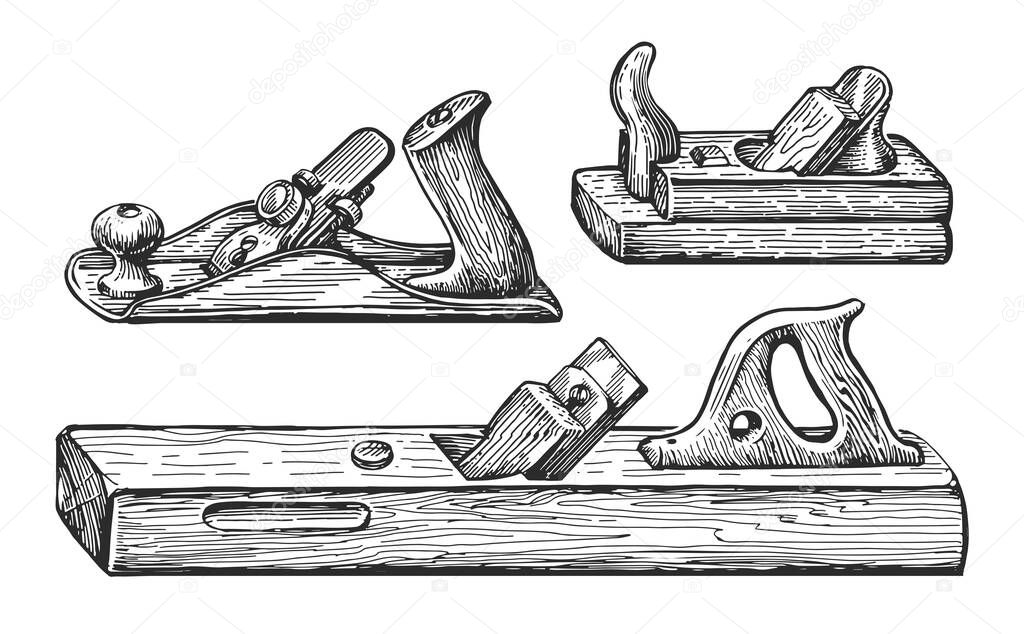 Hand drawn sketch of jointer tool in engraved style. Vintage etching drawing. Carpentry, joinery, woodwork concept