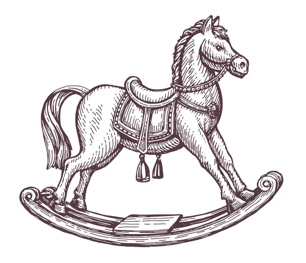 Retro Wooden Rocking Horse Sketch Children Toy Vintage Engraving Style — Stockvector