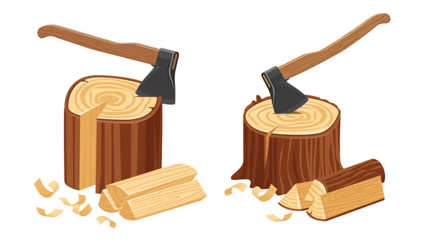 Axe Tool Tree Stump Camping Cuts Wood Firewood Logs Timber — Stock Vector