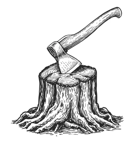 Stump Stuck Sketch Cutting Wood Logging Woodcutter Tool Chopping Wood — Vector de stock