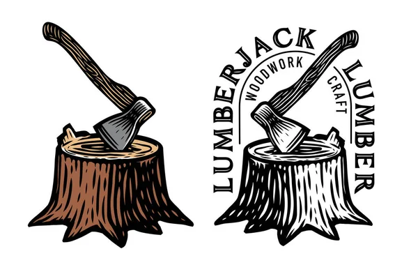 ルンベルジャック 木彫りの紋章やバッジ 切り株に付着する斧 木のシンボルベクトルイラスト — ストックベクタ