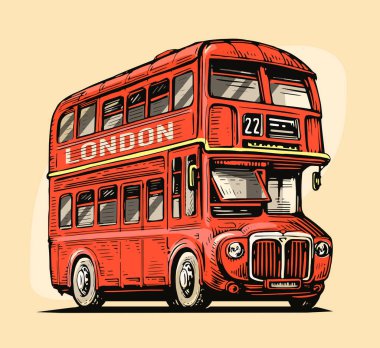 Londra otobüsü. Geleneksel İngiliz çift katlı otobüsü. Toplu taşıma vektörü renkli illüstrasyon