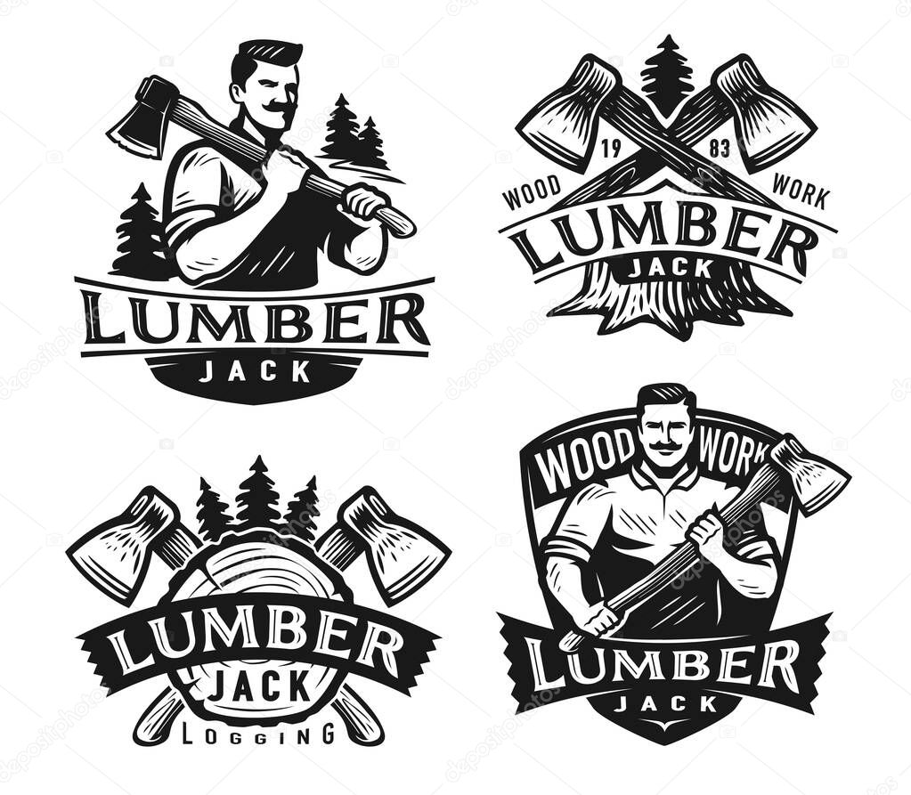Lumberjack badge set. Woodwork, felling trees emblem. Wood industry monochrome labels set. Vector illustration isolated