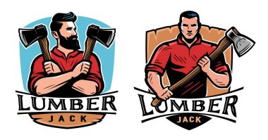 Balta tasarımı amblemi ve maskotu olan oduncu. Marangozluk, ahşap endüstrisi. Renk vektörü illüstrasyonu