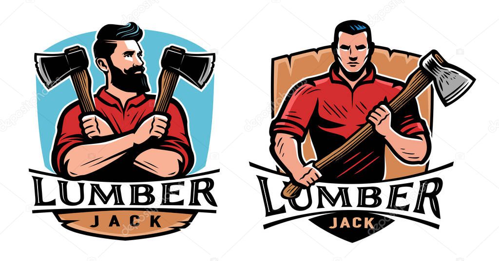 Lumberjack with ax design emblem and mascot. Woodwork, wood industry label. Color vector illustration