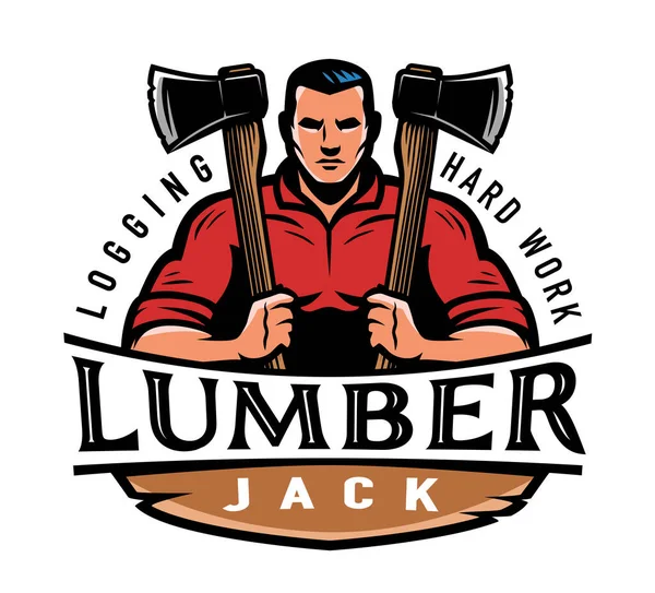 Lumberjack Com Logotipo Design Machado Indústria Madeira Logging Emblema Mascote —  Vetores de Stock