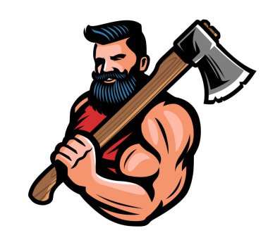 Elinde büyük bir balta olan kaslı sakallı bir oduncu. Savaşçı ya da savaş baltası amblemli Viking. Maskot vektör illüstrasyonu