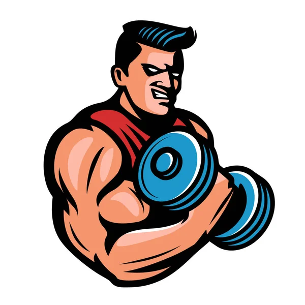 Strong Muscular Bodybuilder Heavy Dumbbell Hand Sports Mascot Gym Bodybuilding — Stock Vector