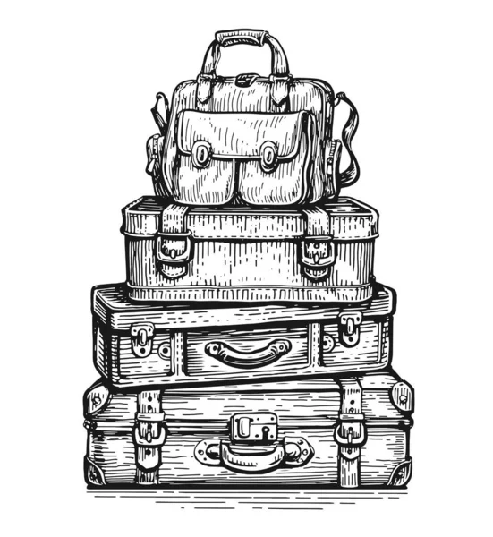 Luggage Bags Heap Isolated Pile Travel Baggage Stacked Hand Drawn — Stock Photo, Image