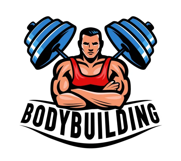 Muscular Bodybuilder Barbell Emblem Bodybuilding Logo Badge Gym Symbol Vector — Stock Vector