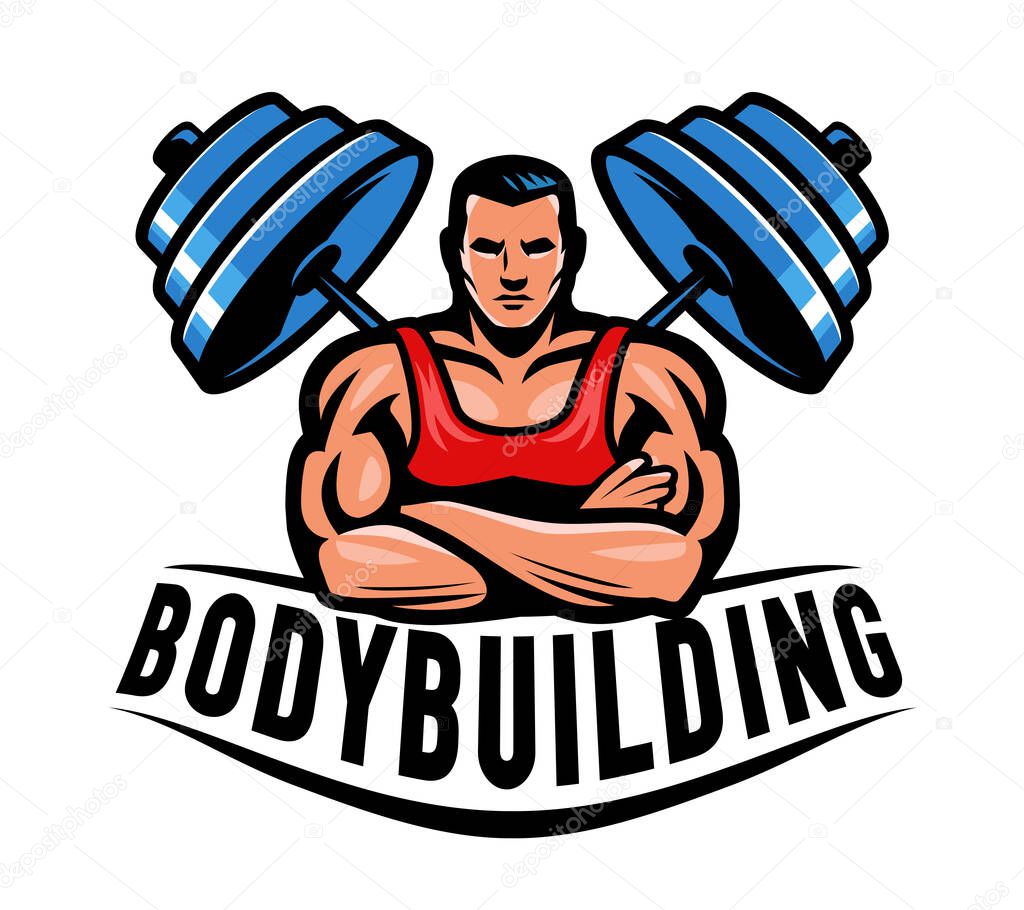 Muscular bodybuilder and barbell emblem. Bodybuilding logo or badge. Gym symbol vector illustration