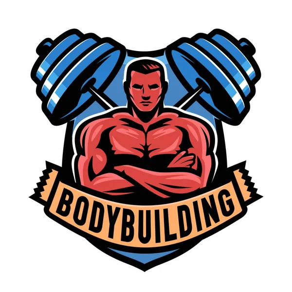 Bodybuilding Emblem Muscular Strong Bodybuilder Barbell Gym Logo Badge Vector — Stock Vector
