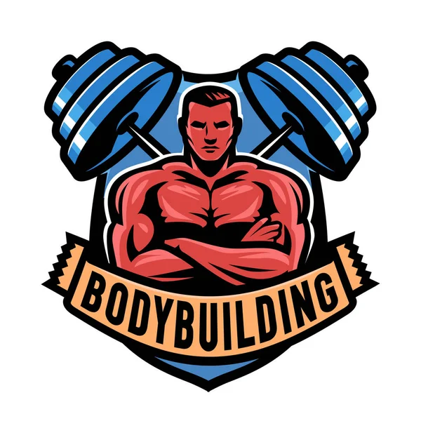 Emblema Del Edificio Del Cuerpo Muscular Fuerte Culturista Barra Gimnasio — Vector de stock