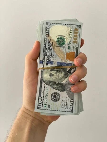 Man Holding Wad Money Dollars Hand — Stock Photo, Image