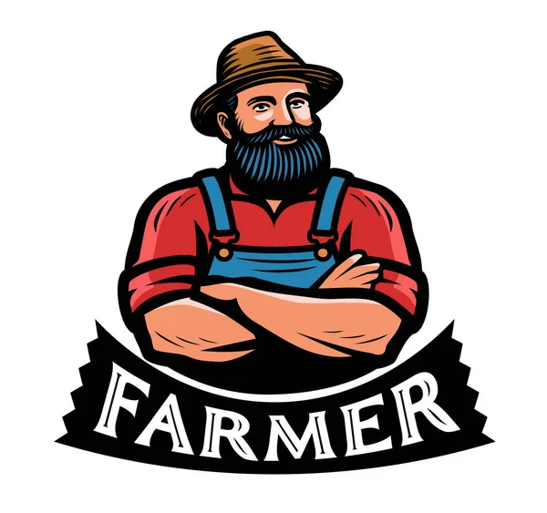 Roztomilý Vousatý Farmář Znakem Klobouku Nebo Logem Zemědělství Odznak Ekologické — Stockový vektor