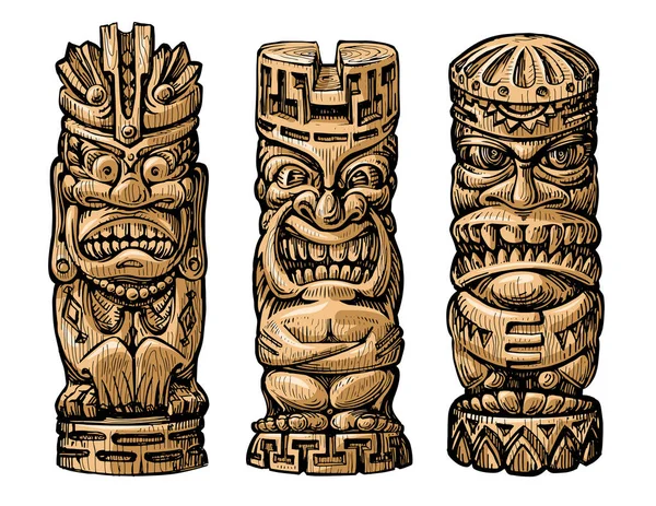 Tiki Stam Trä Mask Set Hawaiian Traditionella Element Isolerade Vit — Stock vektor