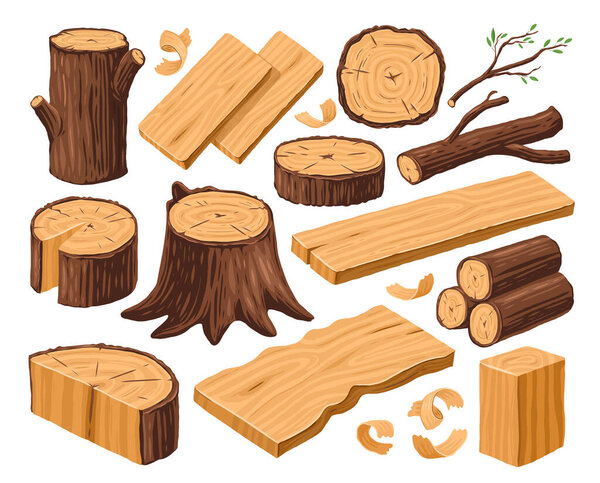 Набор пиломатериалов для лесопромышленного комплекса. Деревообрабатывающая концепция. Дерево ствол, пень и доски. Векторная иллюстрация дерева