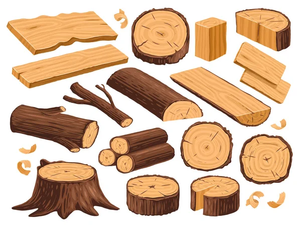 Natuurhout Houtindustrie Houtbewerkingsset Timmerwerk Materialen Hout Vector Boomstam Boomstronk Boomplanken — Stockvector