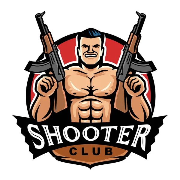 射击俱乐部的标志 肌肉男拿着机关枪卡通矢量图解 — 图库矢量图片
