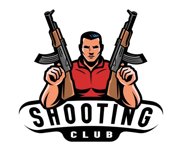 Shooting Club Sports Logo Man Holding Assault Rifles Active Sport — Stock Vector