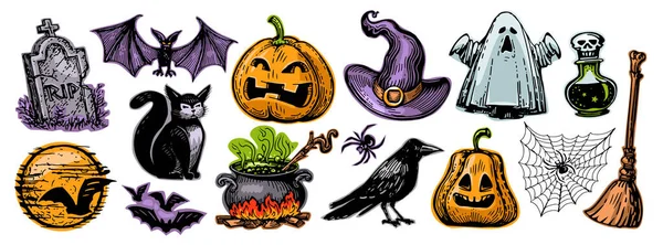 Retro Halloween Decorations Collection Funny Scary Holiday Elements Set Color — Stock Vector