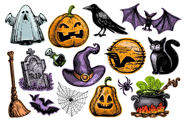 Kollektion Von Halloween Dekorationen Lustige Und Beängstigende Urlaubselemente Oder Aufkleber — Stockfoto