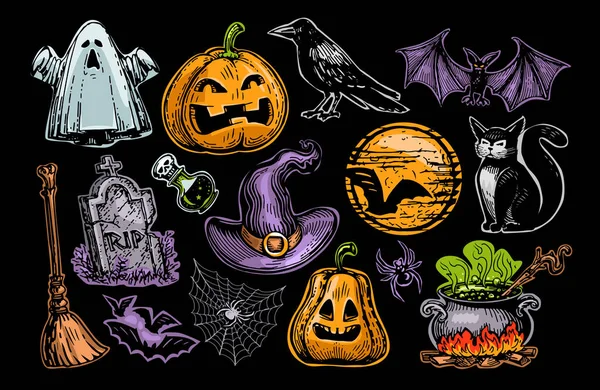 Halloween Konzept Set Aus Farbigen Aufklebern Oder Abzeichen Festliche Dekoration — Stockvektor