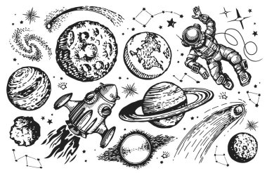 Uzay yolculuğu konsepti. Galaksi çizim seti. Uzay gemisi, astronot, gezegenler ve yıldızlar klasik vektör illüstrasyonunu çiziyor