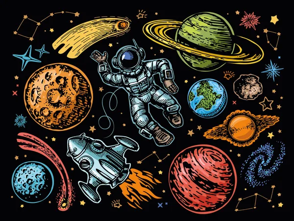 有行星 星座和恒星 宇宙飞船和宇航员的空间 天文学 五彩斑斓的夜空概念 — 图库矢量图片