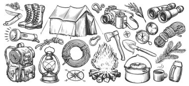 Kamp konsepti. Açık hava aktiviteleri, çizim tarzında çizilmiş nesnelerin yürüyüş koleksiyonu. Vintage vektör illüstrasyonu
