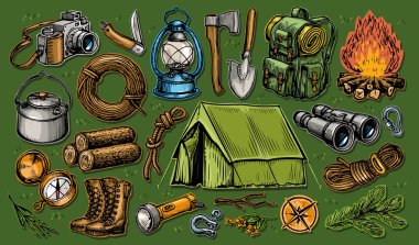 Kamp ekipmanları hazır. Yaz kampı koleksiyonu. Aktif tatiller ya da yerel turizm konsepti. Renk vektörü illüstrasyonu