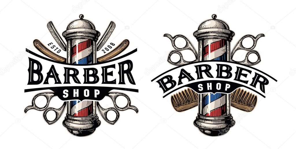Barbershop emblem or badge. Barber pole, male beauty salon logo. Vector illustration