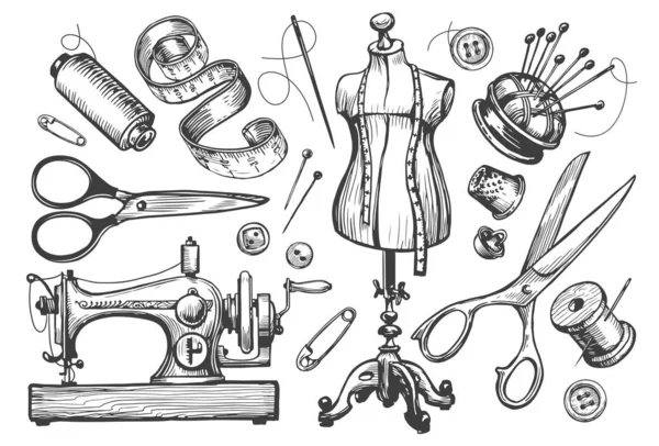 Des Vêtements Sur Mesure Outils Couture Tailleur Set Vectoriel Dessin — Image vectorielle