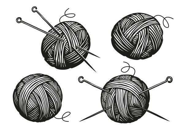 纱线和针头的球状物针织 针织物符号 素描复古矢量插图 — 图库矢量图片