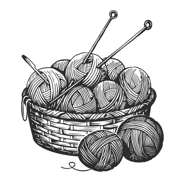成团的纱线 篮子里编织针头 线的倾斜 工具女性业余工艺 手工编织草图 — 图库矢量图片