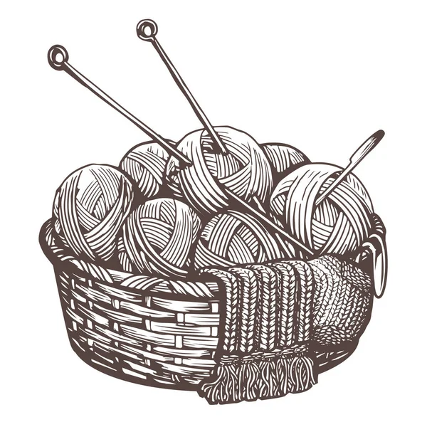 Panier Avec Boules Laine Fil Aiguilles Tricoter Concept Tricot Fait — Image vectorielle