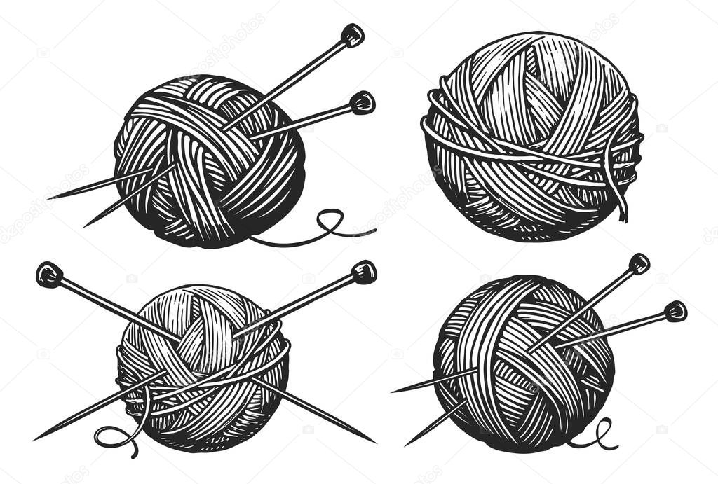 Balls of yarn, knitting needles. Clews, skeins of thread. Tools female hobby handicraft, hand-knitting sketch