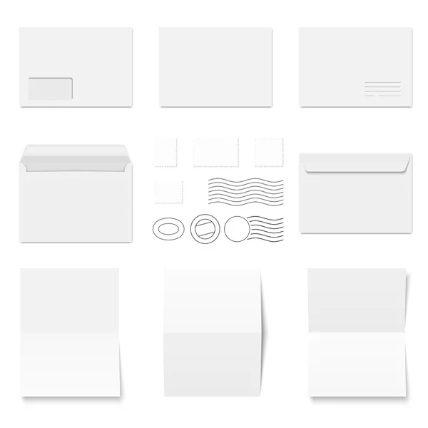 Collection of white envelopes with copy paper and postmarks — Stock Vector