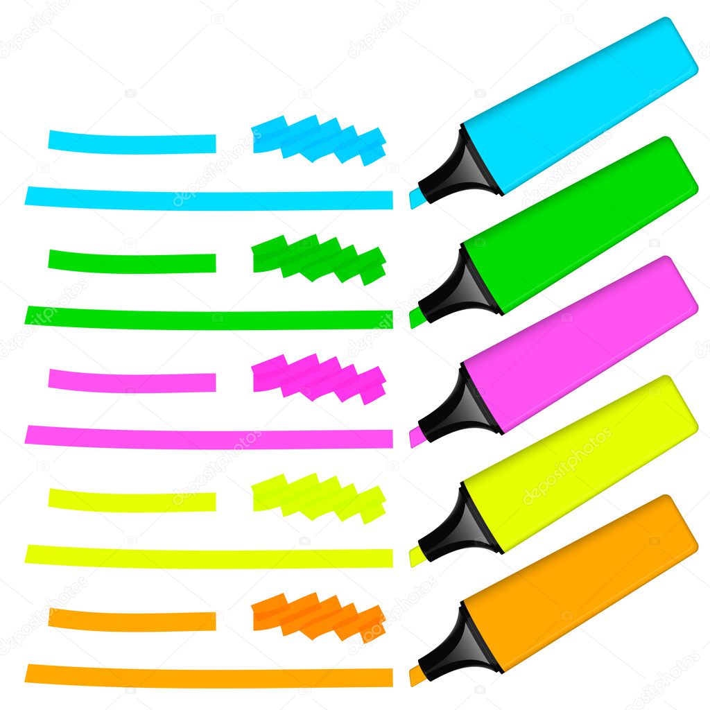 Collection of colored highlighters with markings