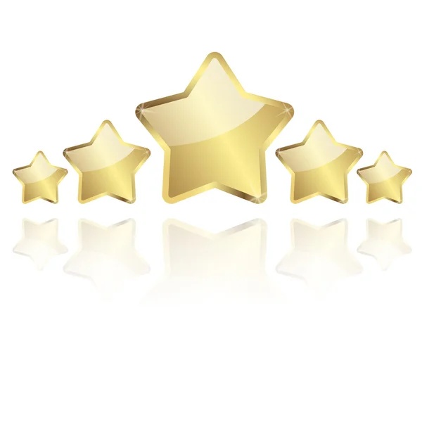 5 golden stars with reflection in a row — Stock Vector
