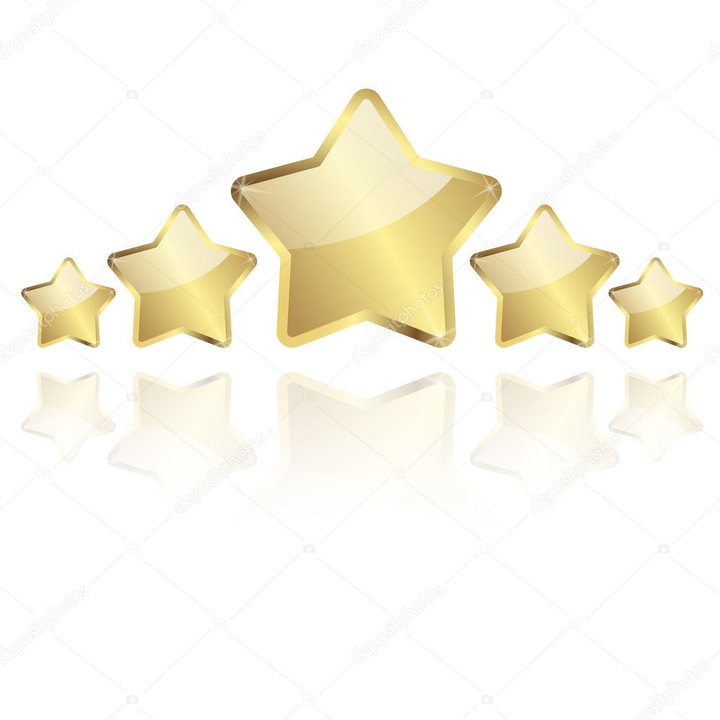 5 golden stars with reflection in a row
