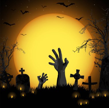 EPS 10 vektör illüstrasyonu. Dolunayın önünde ölümsüz eller ve Cadılar Bayramı arka plan planları için çizilmiş korkutucu elementler.