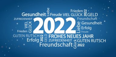 Yeni yıla ait kelime bulutlu vektör dosyası 2022 selamlama ve mavi arkaplan