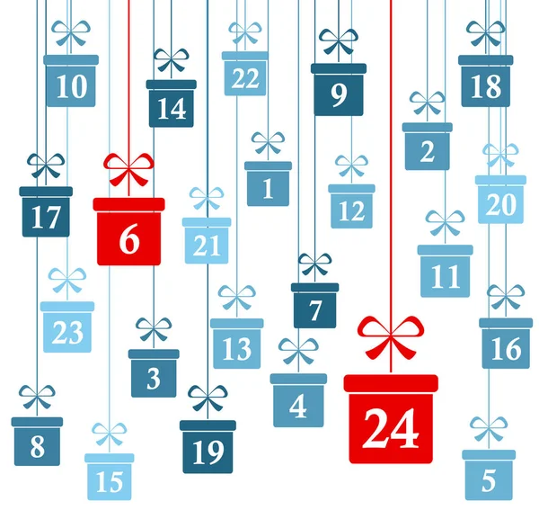 Wiszące Prezenty Świąteczne Kolorowy Niebieski Liczbami Pokazując Kalendarz Adwentowy Boże — Wektor stockowy
