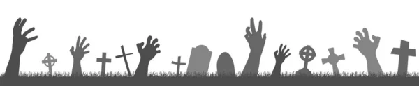 Eps 10ベクトルファイルシームレスなシルエットとともに怖いゾンビの手と墓の石のためのハロウィーンの背景レイアウト — ストックベクタ