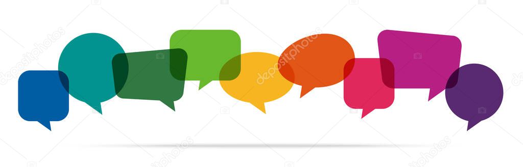 illustration of colored speech bubbles in a row with space for text