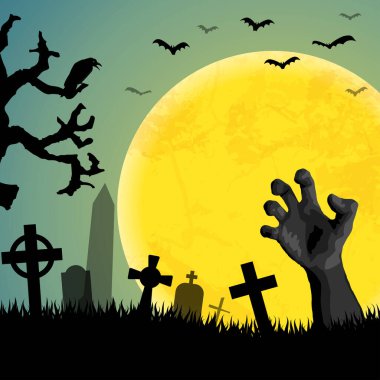 Zombi eli dolunayın önünde, Cadılar Bayramı arka plan planları için korkunç resimli mezarlık unsurlarıyla.